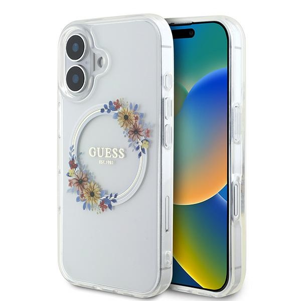 Guess dėklas iPhone 16 Plus telefonui IML Flowers Wreath MagSafe, skaidrus