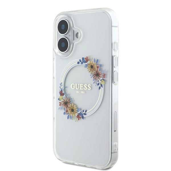 Guess dėklas iPhone 16 Plus telefonui IML Flowers Wreath MagSafe, skaidrus