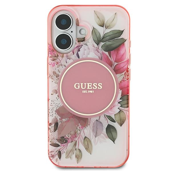 Guess dėklas iPhone 16 Plus telefonui IML Flower & Tonal Circle MagSafe, rožinis