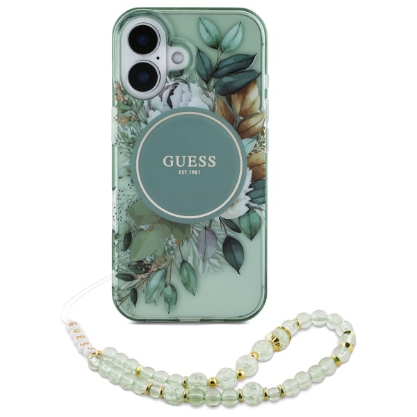 Guess dėklas iPhone 16 Plus telefonui IML Flowers MagSafe su perlų dirželiu, žalias