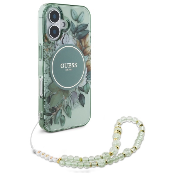 Guess dėklas iPhone 16 Plus telefonui IML Flowers MagSafe su perlų dirželiu, žalias