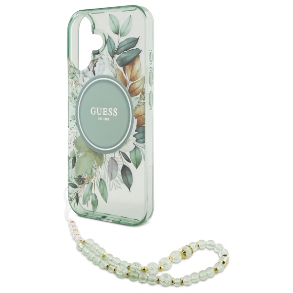 Guess dėklas iPhone 16 Plus telefonui IML Flowers MagSafe su perlų dirželiu, žalias