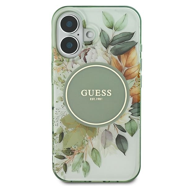 Guess dėklas iPhone 16 Plus telefonui IML Flower & Tonal Circle MagSafe, žalias