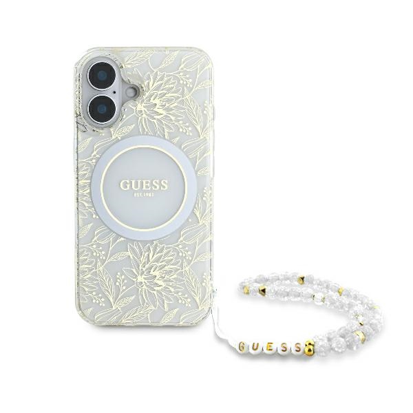 Guess IML Flowers Allover Electro With Pearl Strap MagSafe case for iPhone 16 Plus - white