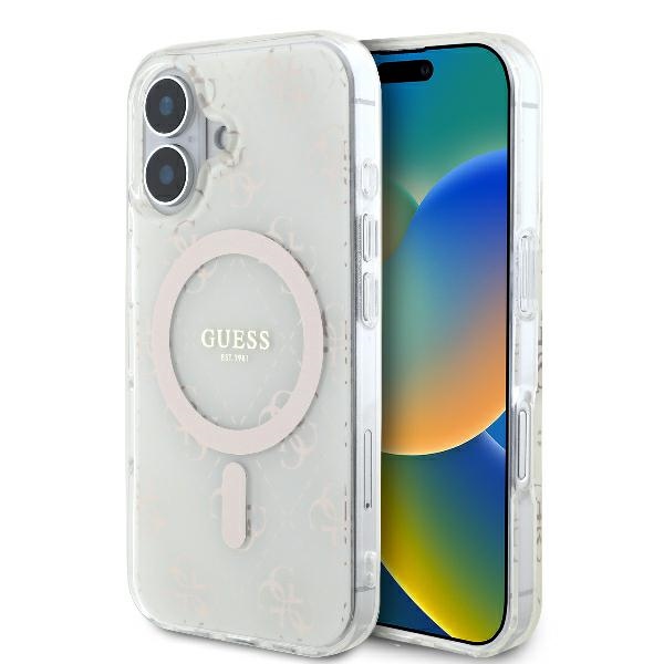 Guess dėklas iPhone 16 Plus telefonui IML 4G Background MagSafe, baltas