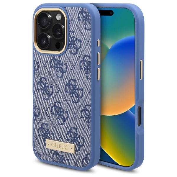 Guess dėklas iPhone 16 Pro telefonui „4G Logo Plate MagSafe“, mėlynas