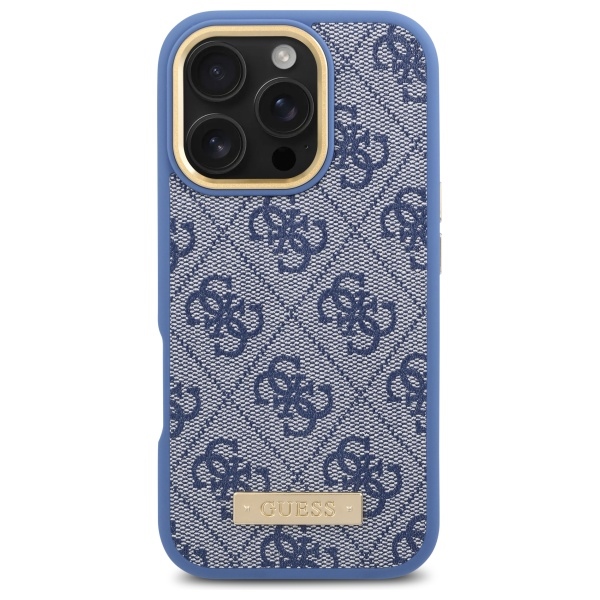 Guess dėklas iPhone 16 Pro telefonui „4G Logo Plate MagSafe“, mėlynas