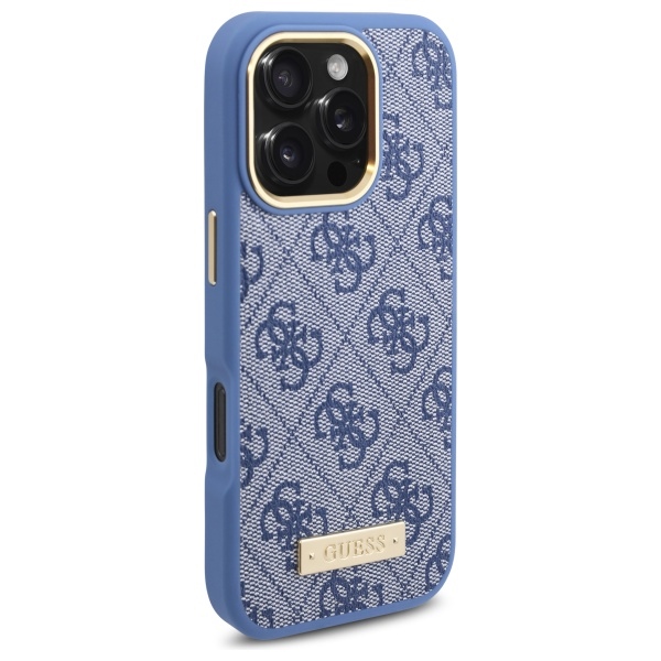Guess dėklas iPhone 16 Pro telefonui „4G Logo Plate MagSafe“, mėlynas