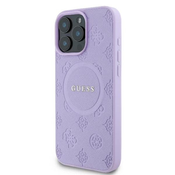 Guess Saffiano Peony Classic Logo MagSafe dėklas iPhone 16 Pro, violetinis