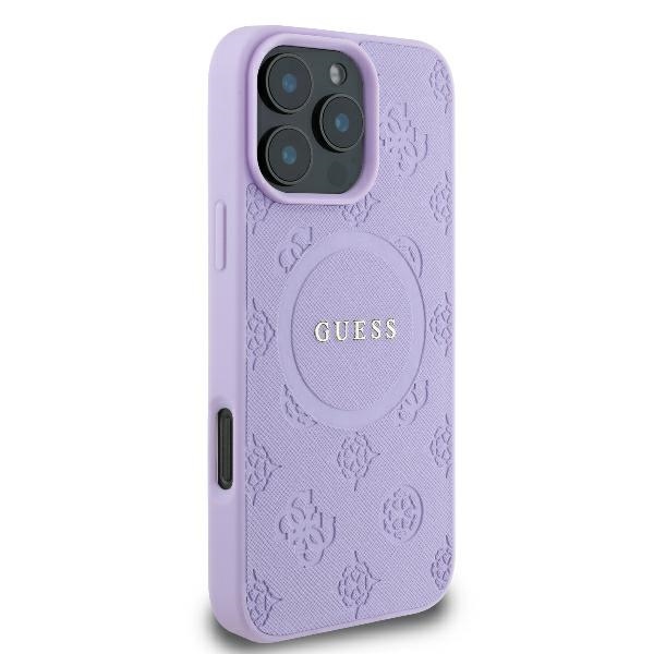 Guess Saffiano Peony Classic Logo MagSafe dėklas iPhone 16 Pro, violetinis
