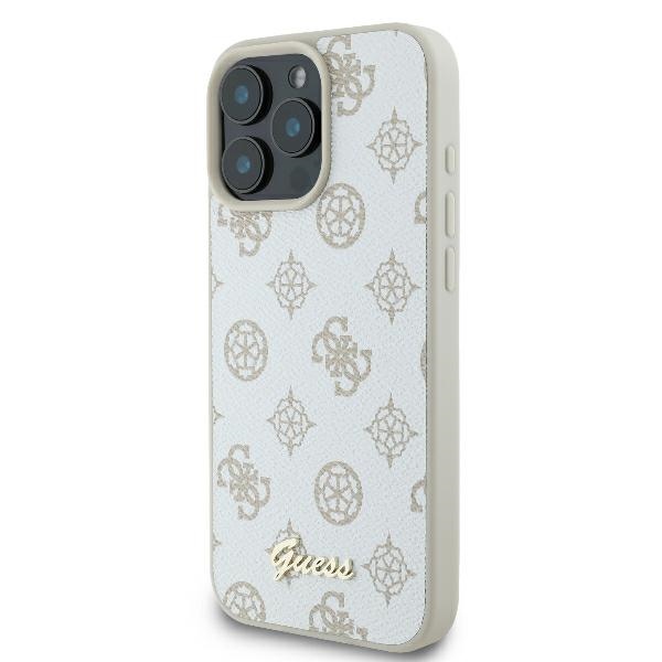 Guess dėklas iPhone 16 Pro telefonui Peony Script Logo MagSafe, baltas