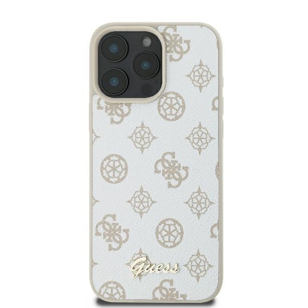 Guess dėklas iPhone 16 Pro telefonui Peony Script Logo MagSafe, baltas