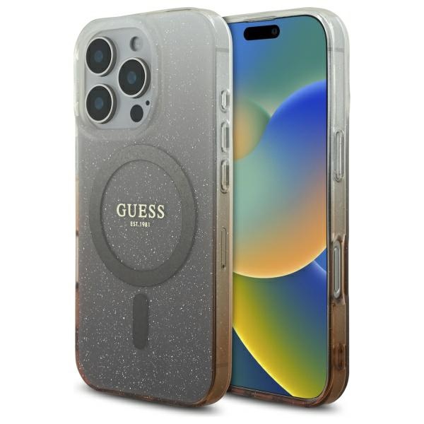 Guess dėklas iPhone 16 Pro su MagSafe, IML Glitter Gradient, rudas