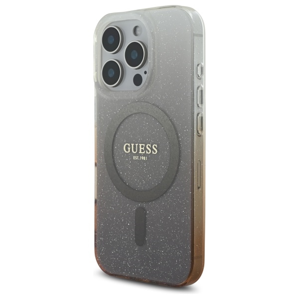 Guess dėklas iPhone 16 Pro su MagSafe, IML Glitter Gradient, rudas