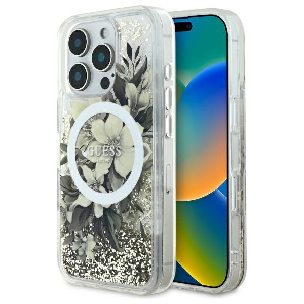 Guess iPhone 16 Pro Case Liquid Glitter Flower MagSafe, Beige