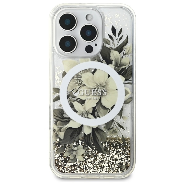 Guess iPhone 16 Pro Case Liquid Glitter Flower MagSafe, Beige