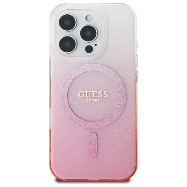 Guess dėklas iPhone 16 Pro telefonui IML Glitter Gradient MagSafe, rožinis