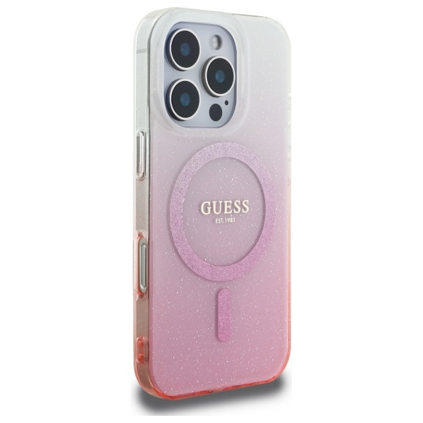 Guess dėklas iPhone 16 Pro telefonui IML Glitter Gradient MagSafe, rožinis