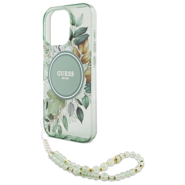 Guess IML Flowers dėklas su perlų dirželiu ir MagSafe skirtas iPhone 16 Pro, žalias