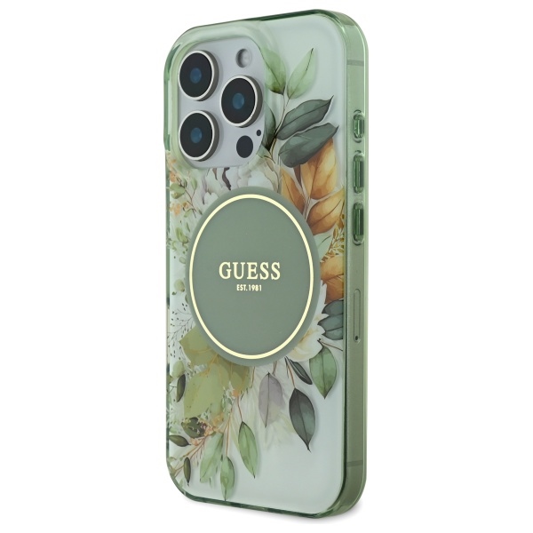 Guess IML Flower & Tonal Circle MagSafe dėklas iPhone 16 Pro, žalias