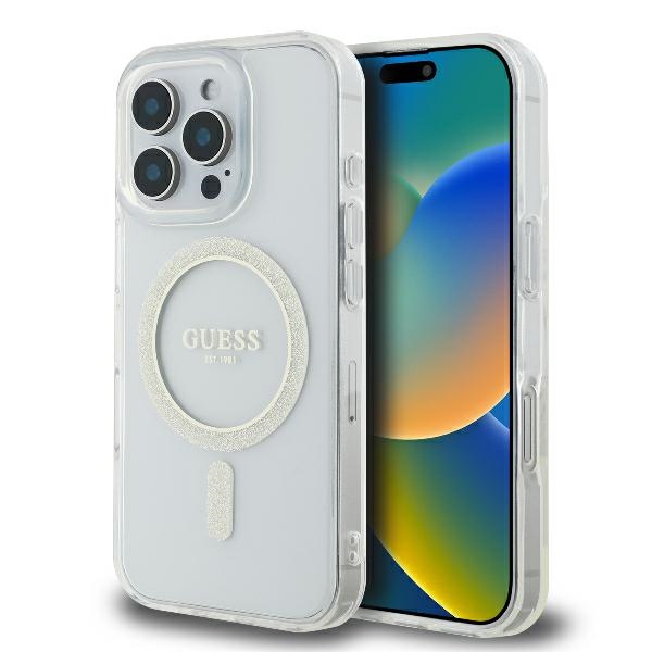 Guess dėklas iPhone 16 Pro telefonui IML Glitter Circle MagSafe, skaidrus