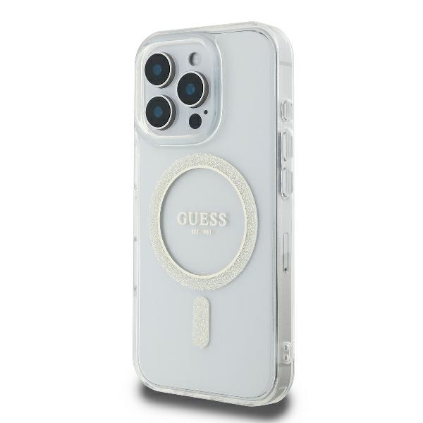 Guess dėklas iPhone 16 Pro telefonui IML Glitter Circle MagSafe, skaidrus