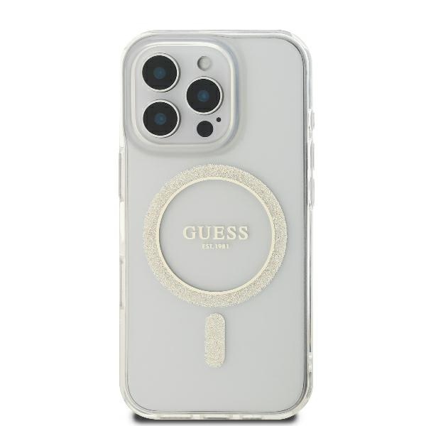 Guess dėklas iPhone 16 Pro telefonui IML Glitter Circle MagSafe, skaidrus
