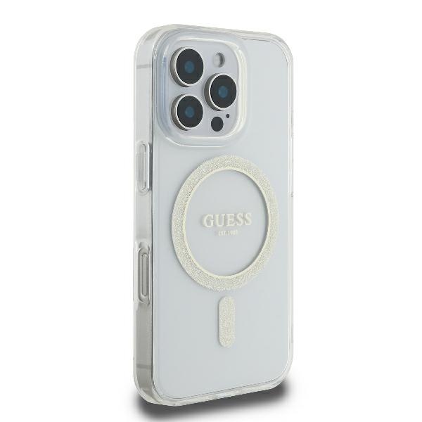 Guess dėklas iPhone 16 Pro telefonui IML Glitter Circle MagSafe, skaidrus