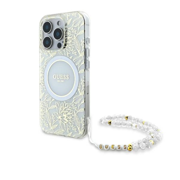Guess iPhone 16 Pro dėklas IML Flowers Allover Electro su perlų dirželiu, baltas