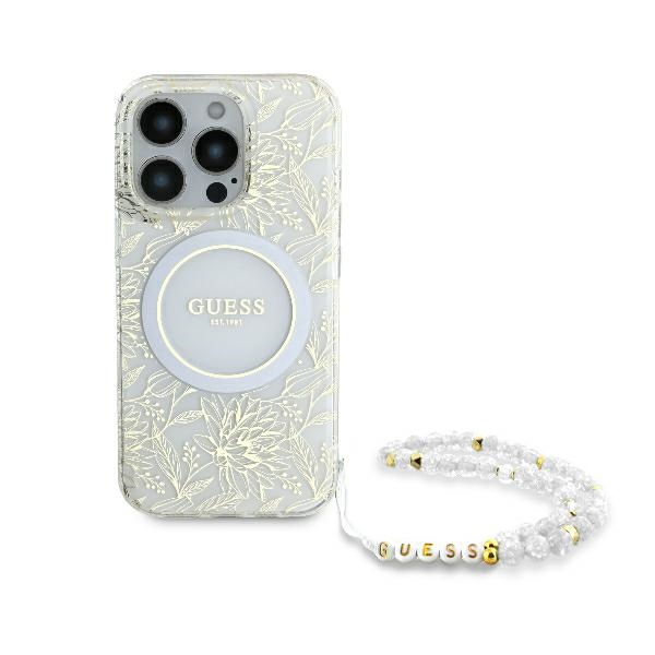 Guess iPhone 16 Pro dėklas IML Flowers Allover Electro su perlų dirželiu, baltas