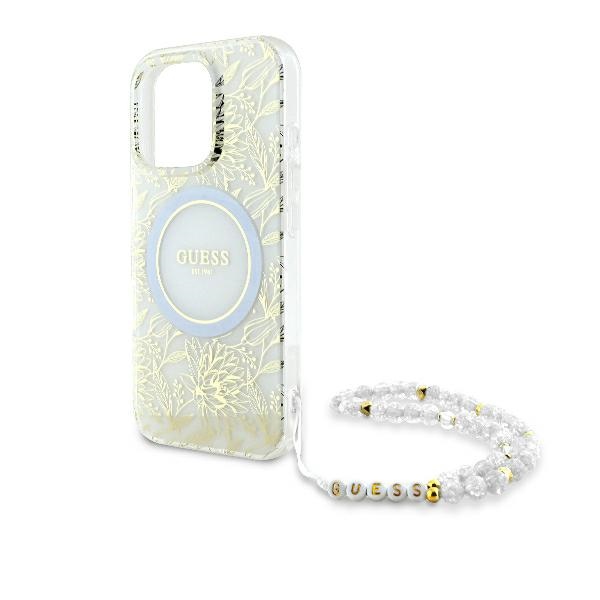 Guess iPhone 16 Pro dėklas IML Flowers Allover Electro su perlų dirželiu, baltas