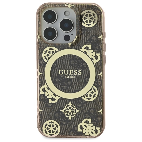 Guess dėklas iPhone 16 Pro telefonui IML Peony On 4G Background MagSafe, rudas