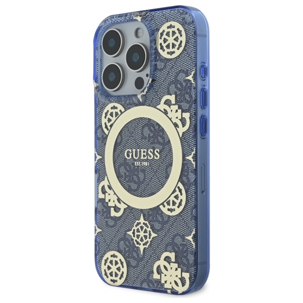 Guess dėklas iPhone 16 Pro su MagSafe, IML Peony On 4G, mėlynas