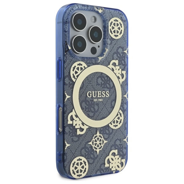 Guess dėklas iPhone 16 Pro su MagSafe, IML Peony On 4G, mėlynas