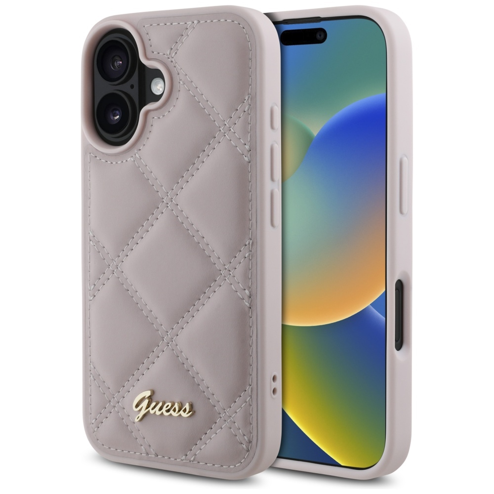 Guess dėklas iPhone 16 telefonui Quilted Metal Logo, rožinis