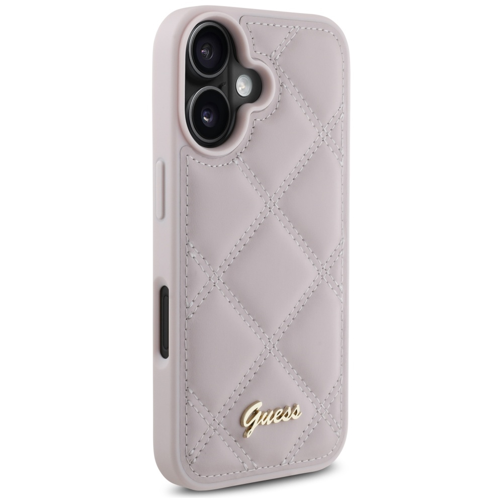 Guess dėklas iPhone 16 telefonui Quilted Metal Logo, rožinis