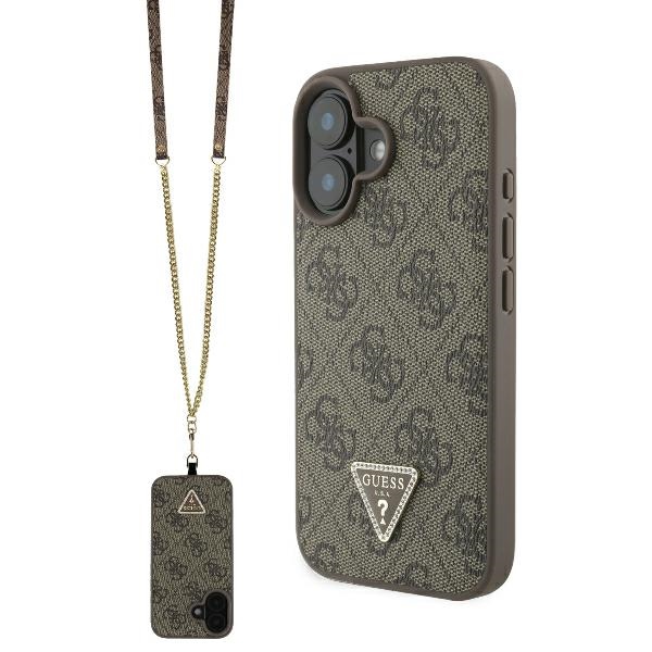 „Guess“ atverčiamas dėklas „iPhone 16“ su dirželiu, rudas