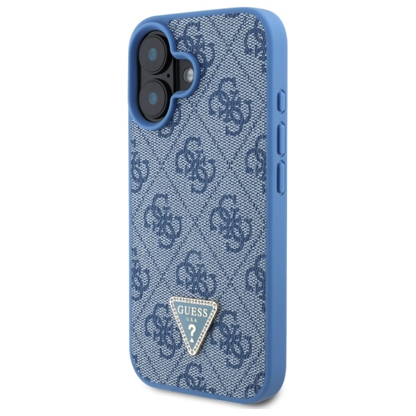 Guess dėklas iPhone 16 Leather Metal Logo Strass Crossbody, mėlynas