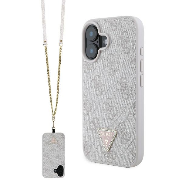 Guess iPhone 16 dėklas Leather Metal Logo Strass Crossbody, rožinis