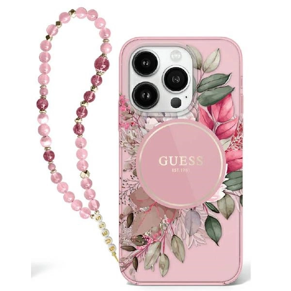 Guess IML Flowers dėklas su perlų dirželiu ir MagSafe skirtas iPhone 16 Pro Max, rožinis