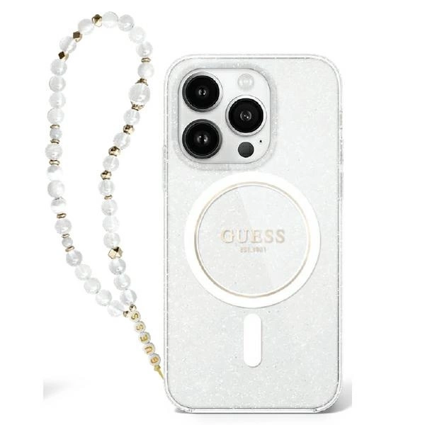 Guess IML Glitter With Pearl Strap MagSafe Case for iPhone 16 Pro Max - Clear