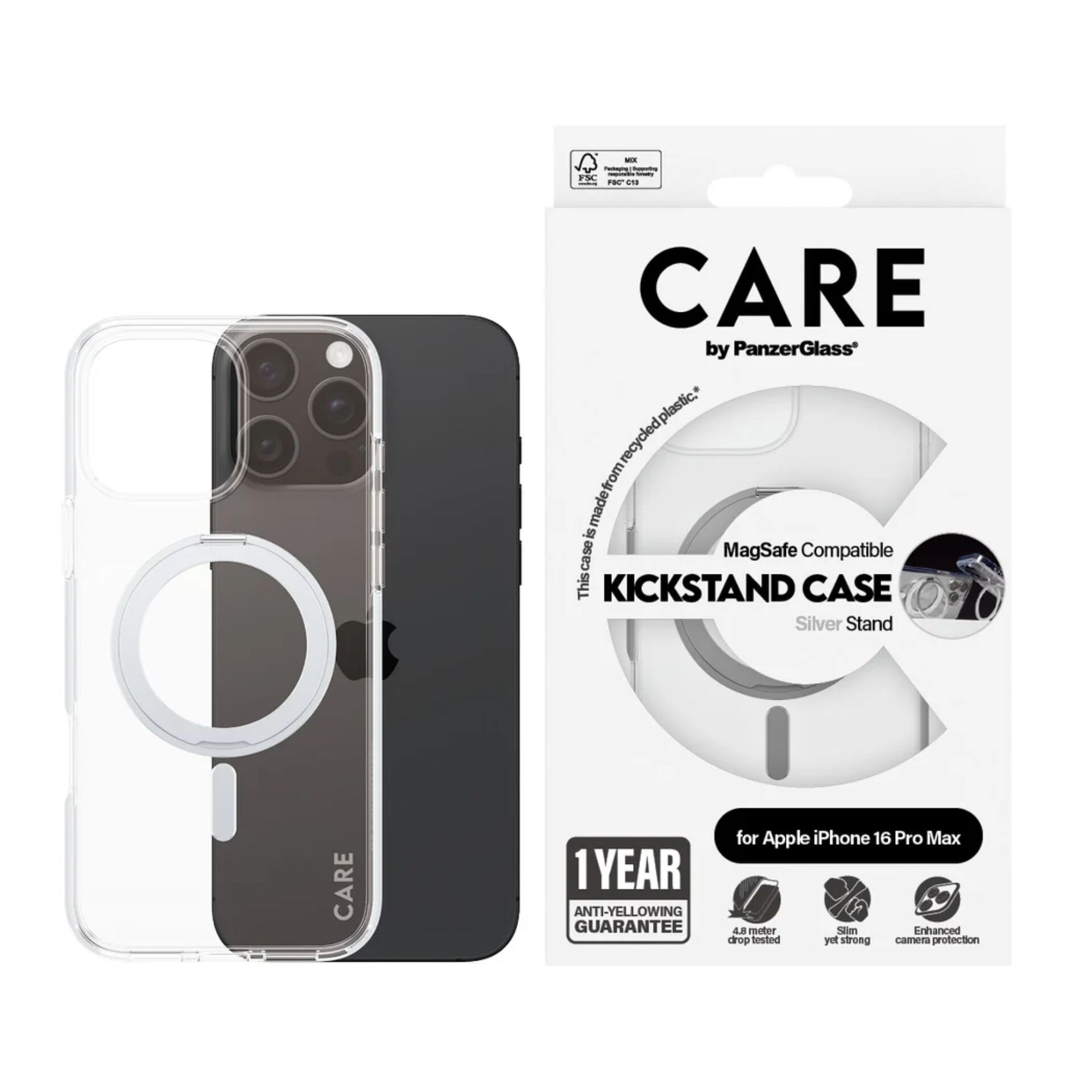 PanzerGlass CARE 1328 Kickstand Case for iPhone 16 Pro Max, Silver