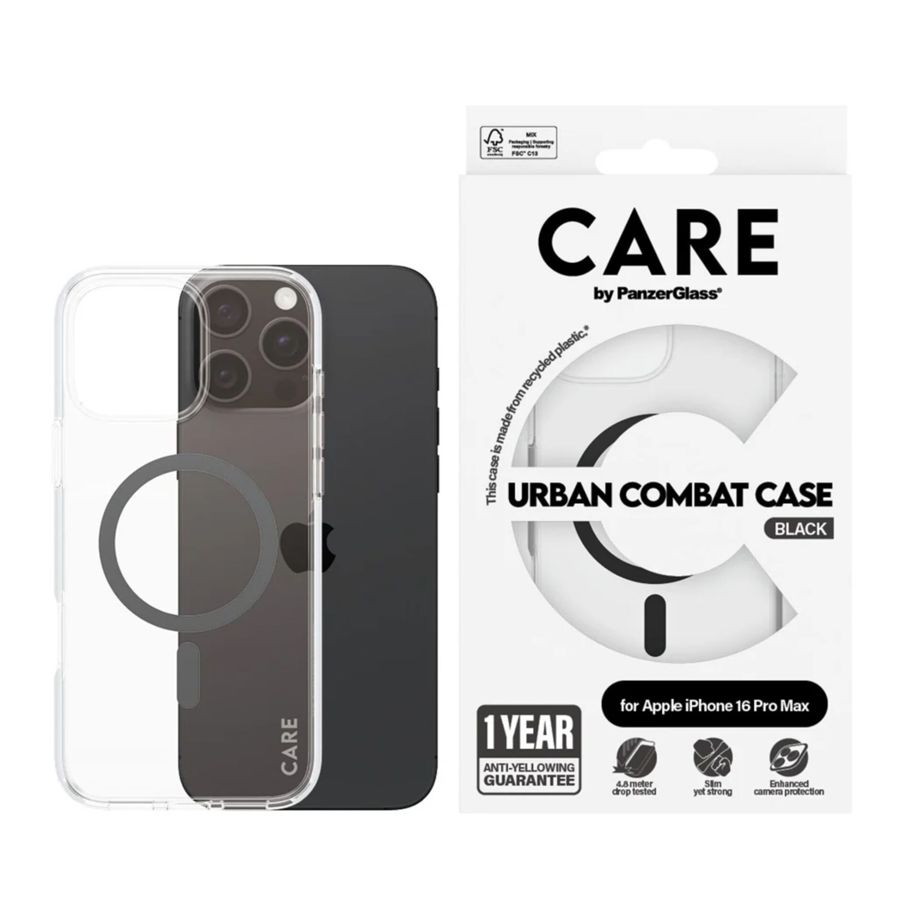 PanzerGlass CARE Flagship Case dėklas iPhone 16 Pro Max, juodas/skaidrus