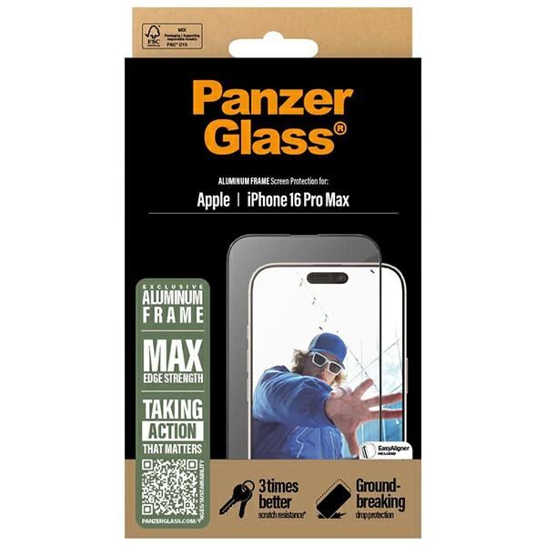 PanzerGlass Ultra-Wide Fit apsauginis stiklas su aliuminio rėmeliu iPhone 16 Pro Max