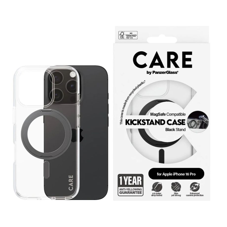 PanzerGlass 1322 MagSafe dėklas su stovu iPhone 16 Pro, skaidrus / juodas