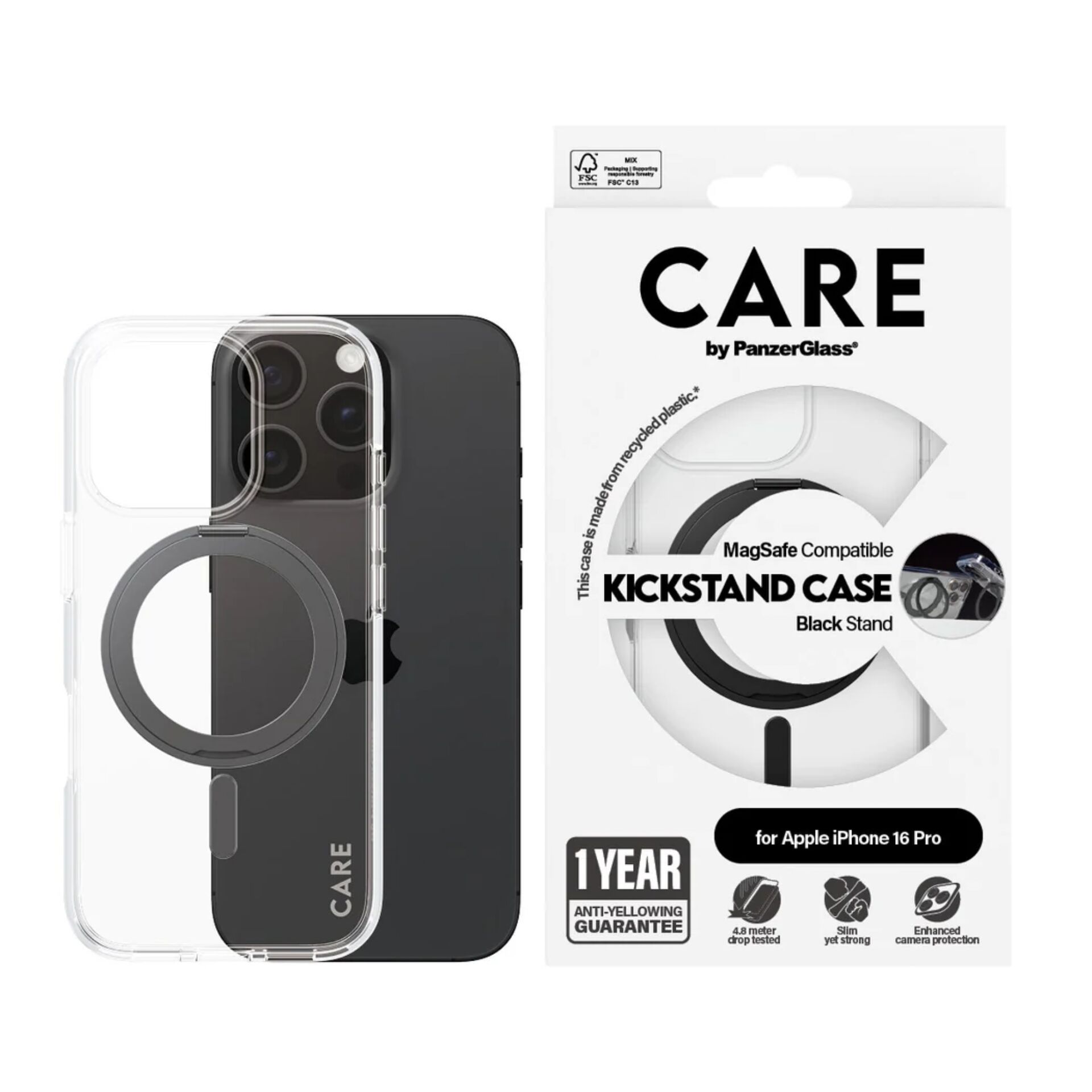 PanzerGlass 1322 Kickstand MagSafe Case for iPhone 16 Pro Transparent / Black