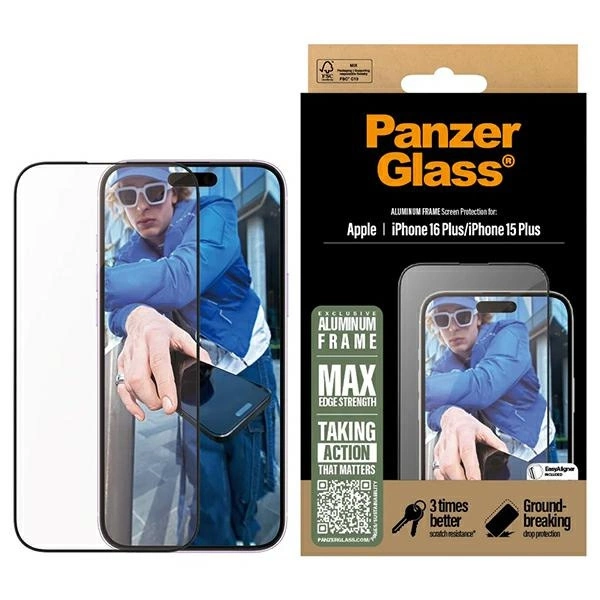 PanzerGlass apsauginis stiklas iPhone 16 Plus su aliuminio rėmeliu