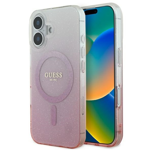 Guess dėklas iPhone 16 telefonui IML Glitter Gradient MagSafe, rožinis