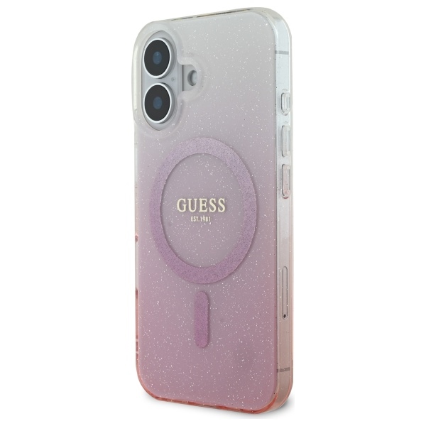 Guess dėklas iPhone 16 telefonui IML Glitter Gradient MagSafe, rožinis