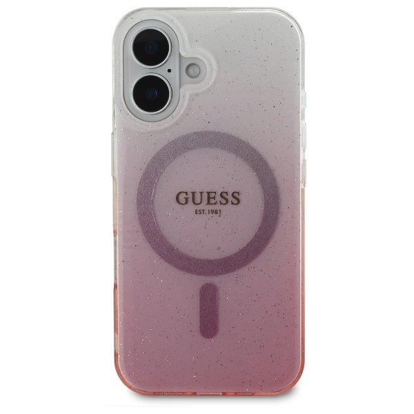 Guess dėklas iPhone 16 telefonui IML Glitter Gradient MagSafe, rožinis